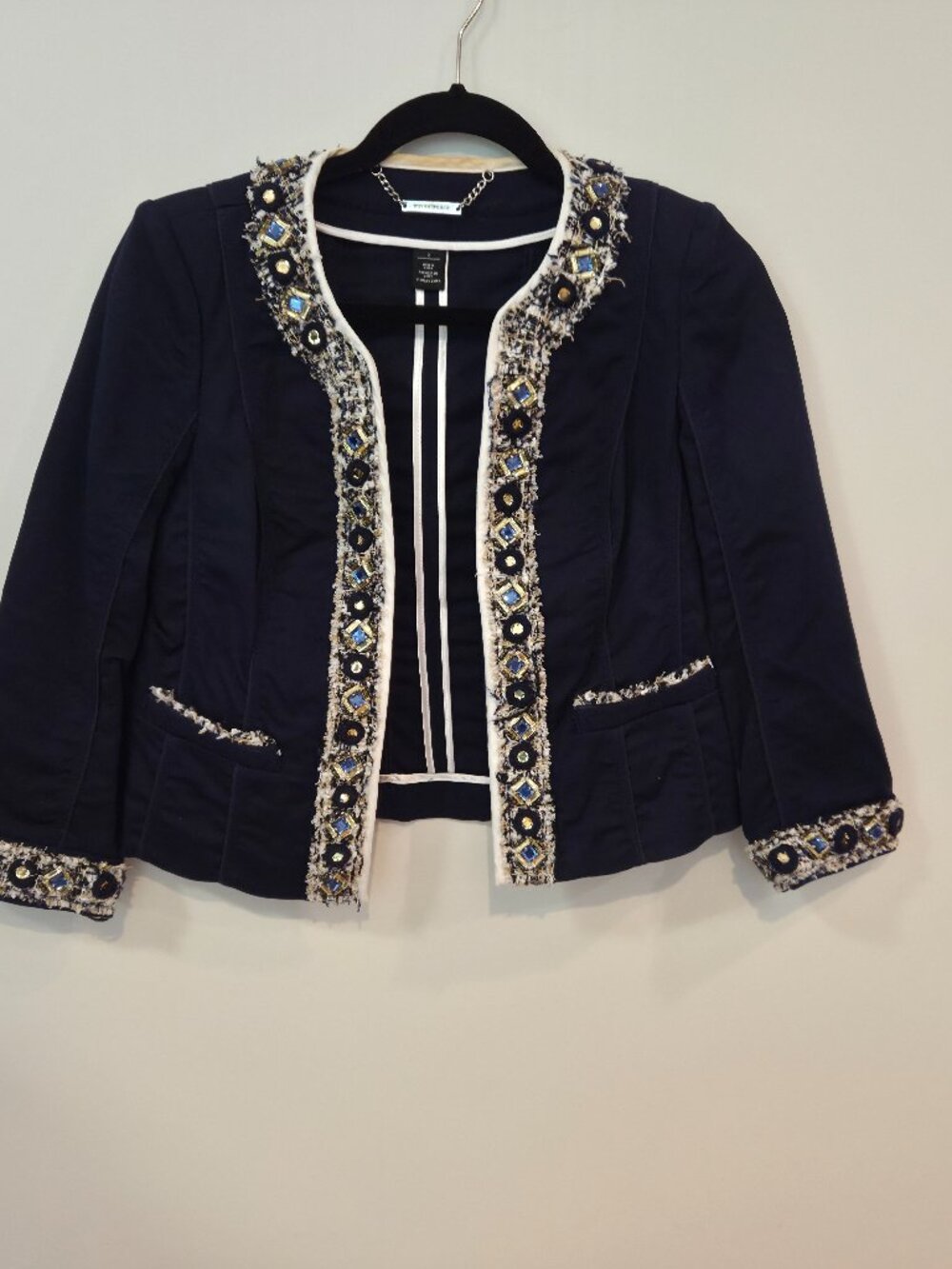 White House Black Market Navy Embellished Cropped Jacket Size 2